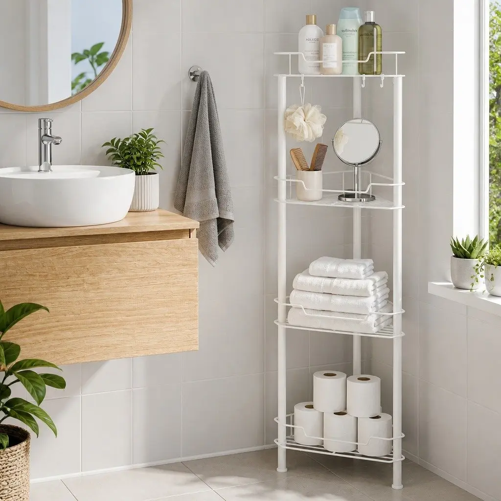4 Tier Floor Standing Corner Shower Caddy Bathroom Storage Organizer White