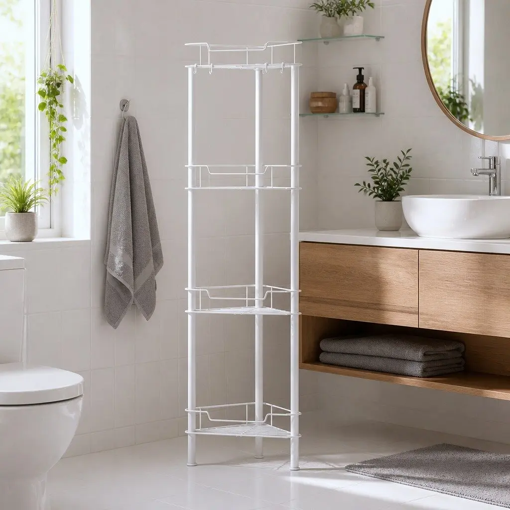 4 Tier Floor Standing Corner Shower Caddy Space Saving Bathroom Storage Organizer White