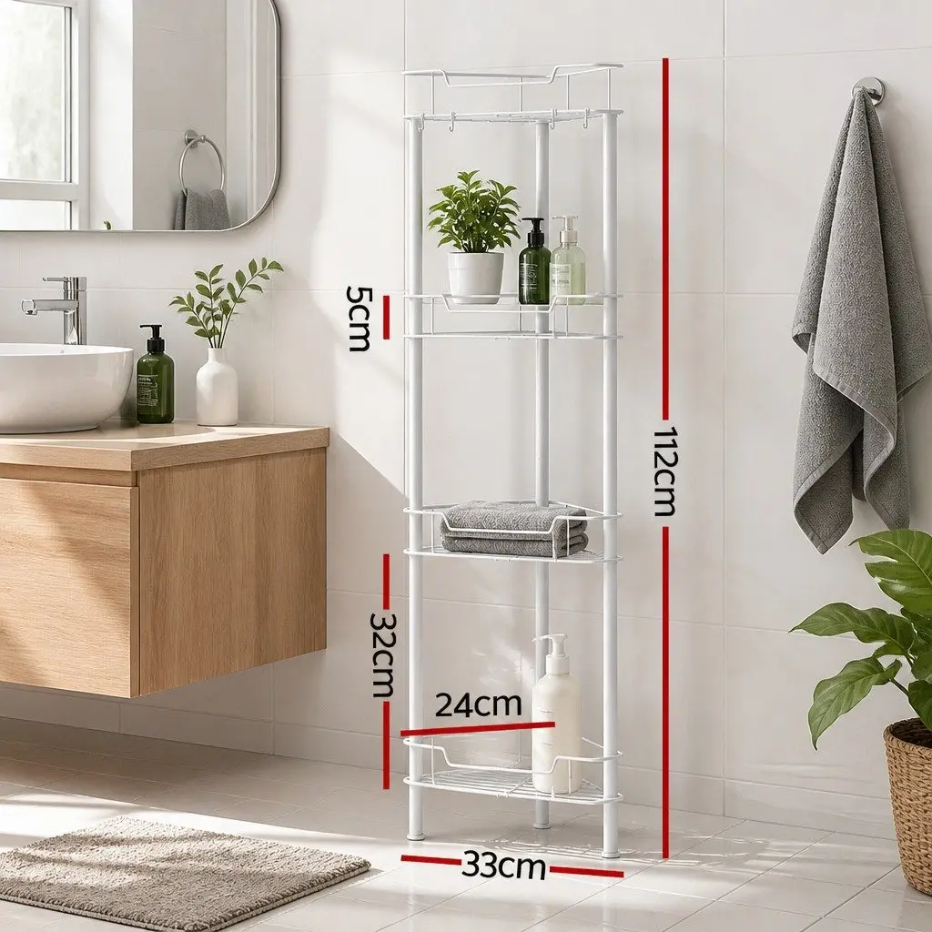 4 Tier Floor Standing Corner Shower Caddy Space Saving Bathroom Storage Organizer White