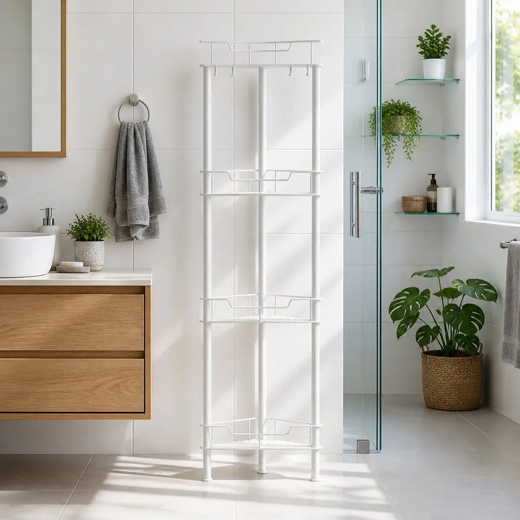 4 Tier Floor Standing Corner Shower Caddy Space Saving Bathroom Storage Organizer White