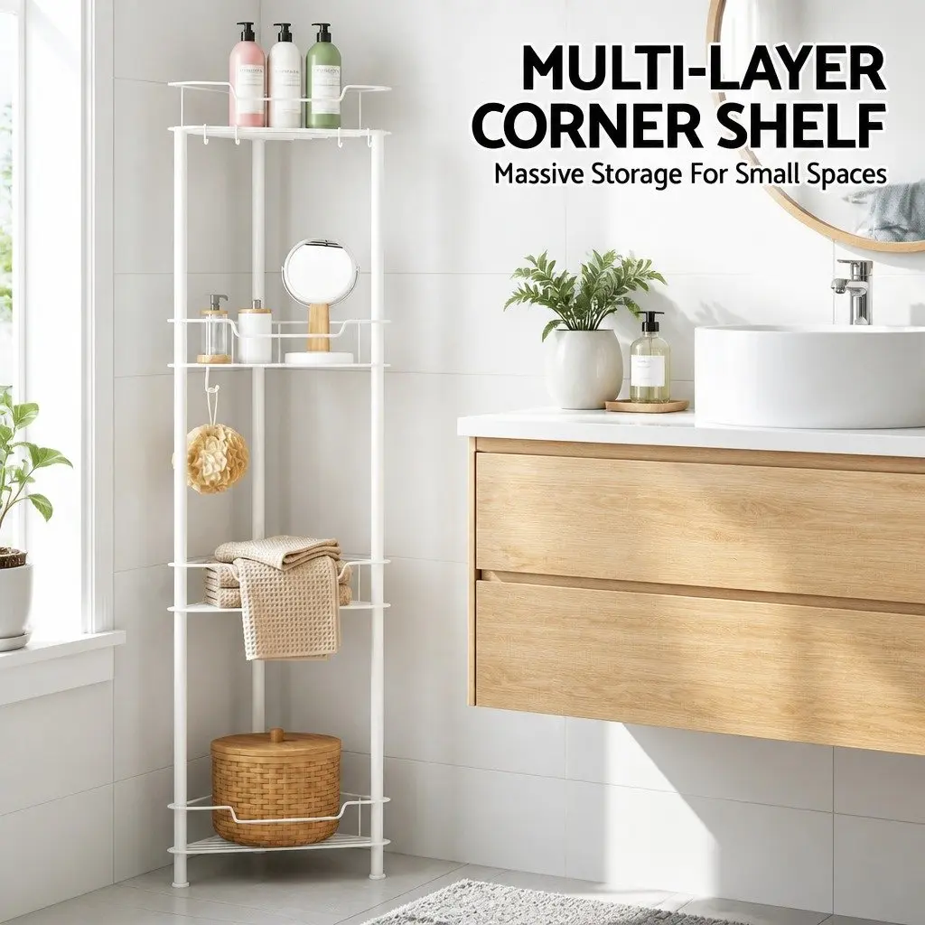 4 Tier Floor Standing Corner Shower Caddy Space Saving Bathroom Storage Organizer White