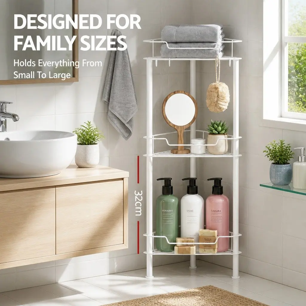4 Tier Floor Standing Corner Shower Caddy Space Saving Bathroom Storage Organizer White