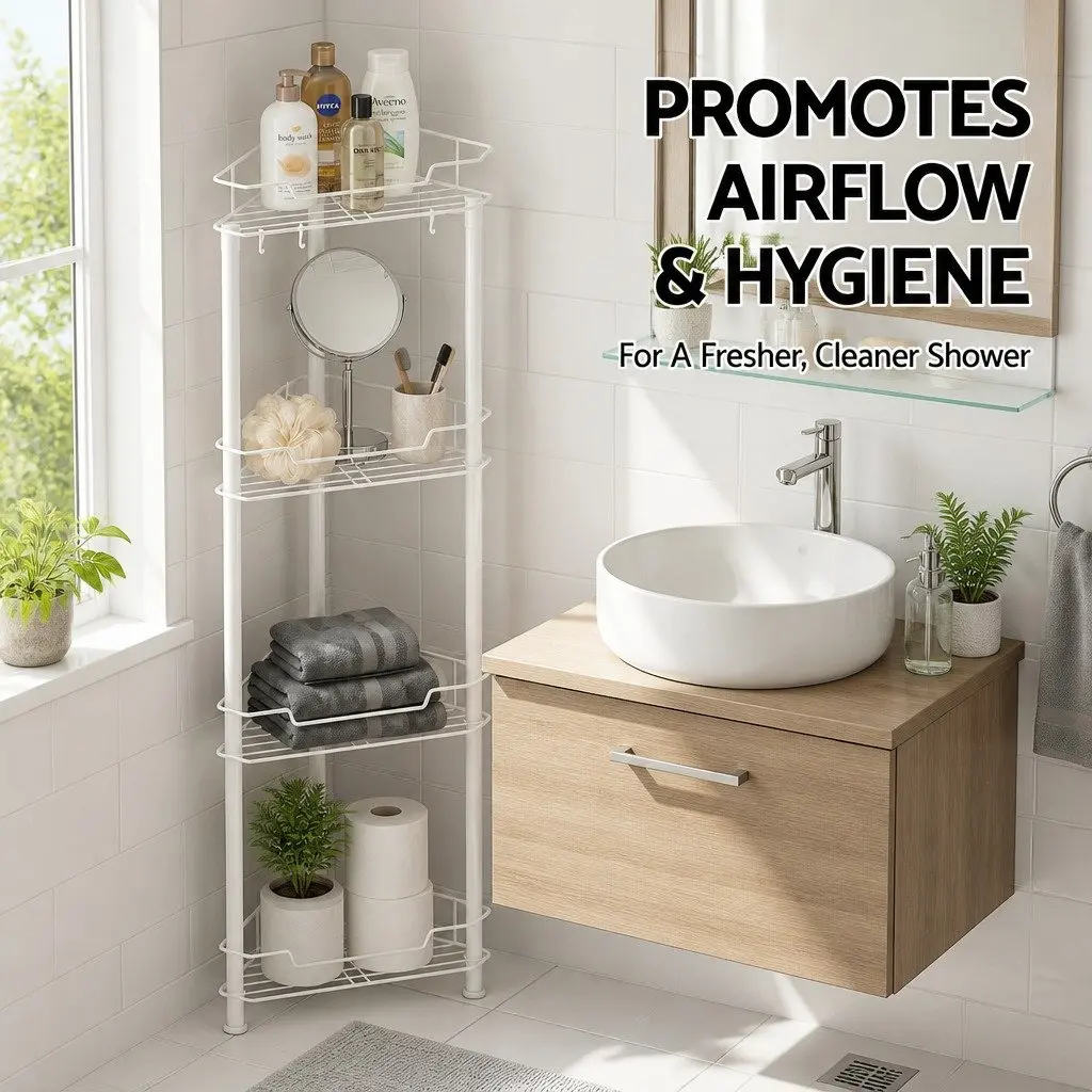 4 Tier Floor Standing Corner Shower Caddy Space Saving Bathroom Storage Organizer White