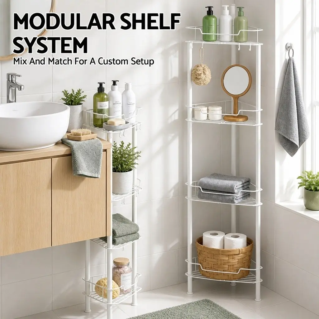 4 Tier Floor Standing Corner Shower Caddy Space Saving Bathroom Storage Organizer White