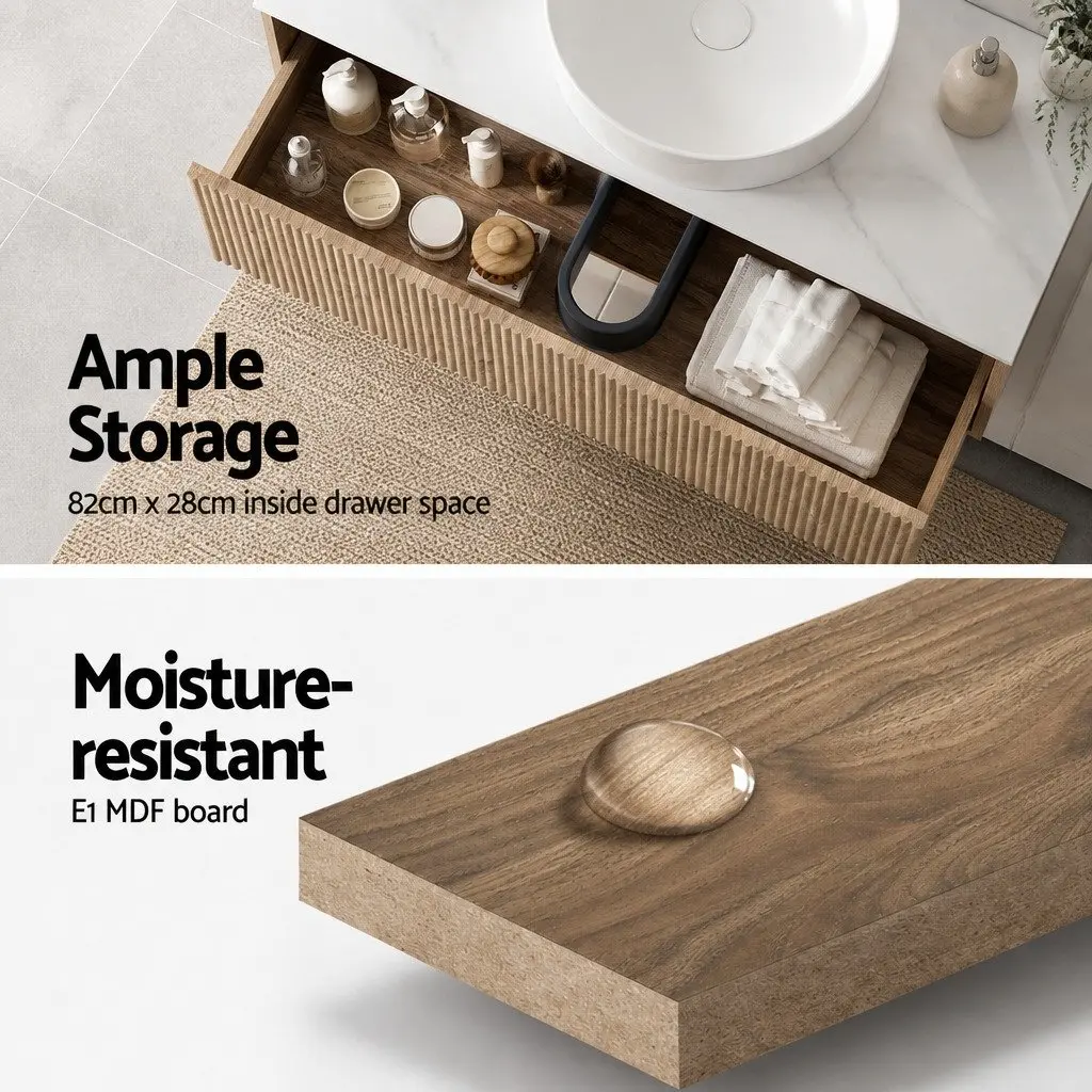 Wall-Hung Bathroom Vanity Unit Oak Timber 900mm Single Drawer Cabinet Storage