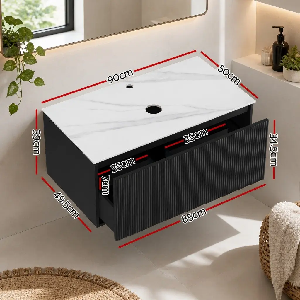 Wall Hung Bathroom Vanity Unit 900mm Black Cabinet Grooved Timber Storage Basin