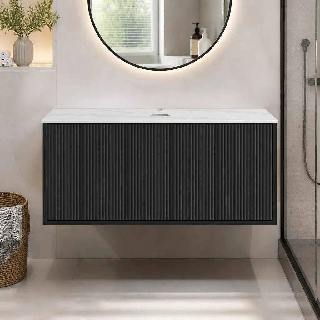 Wall Hung Bathroom Vanity Unit 900mm Black Cabinet Grooved Timber Storage Basin