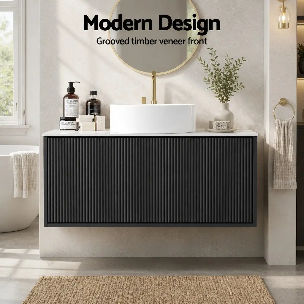 Wall Hung Bathroom Vanity Unit 900mm Black Cabinet Grooved Timber Storage Basin