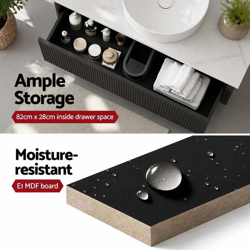 Wall Hung Bathroom Vanity Unit 900mm Black Cabinet Grooved Timber Storage Basin