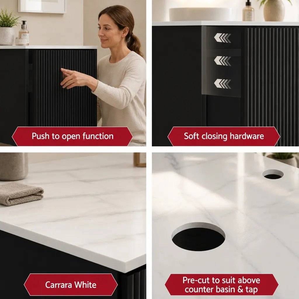 Wall Hung Bathroom Vanity Unit 900mm Black Cabinet Grooved Timber Storage Basin