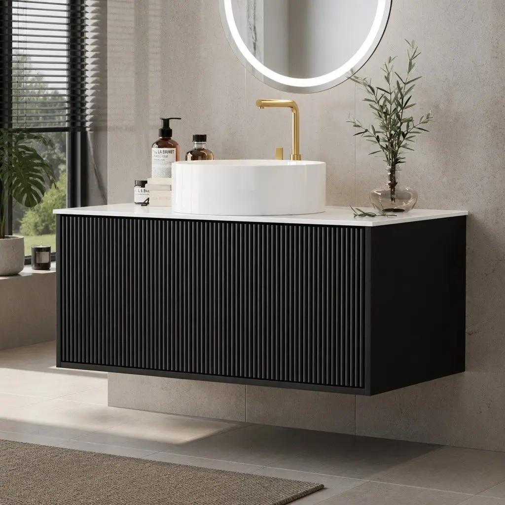 Wall Hung Bathroom Vanity Unit 900mm Black Cabinet Grooved Timber Storage Basin