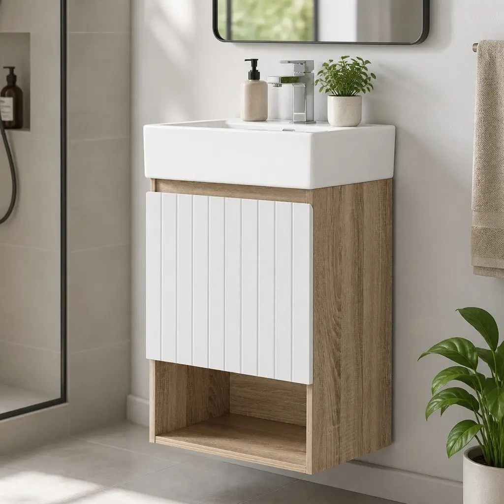 Vanity Unit 445mm Basin Bathroom Cabinet Storage Wall Hung Sink White Walnut