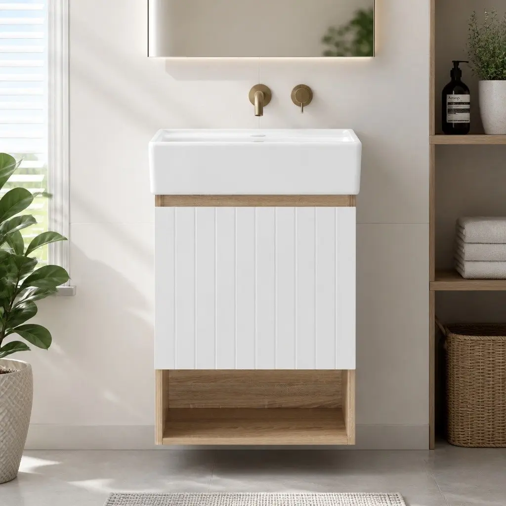 Vanity Unit 445mm Basin Bathroom Cabinet Storage Wall Hung Sink White Walnut
