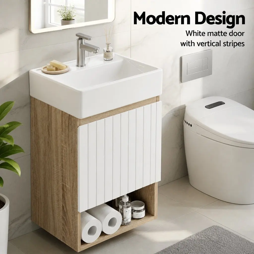 Vanity Unit 445mm Basin Bathroom Cabinet Storage Wall Hung Sink White Walnut
