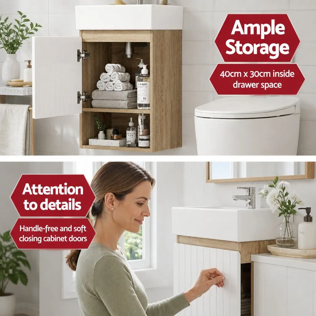 Vanity Unit 445mm Basin Bathroom Cabinet Storage Wall Hung Sink White Walnut