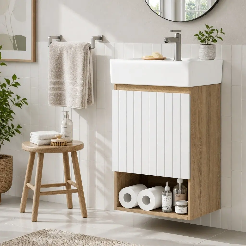 Vanity Unit 445mm Basin Bathroom Cabinet Storage Wall Hung Sink White Walnut