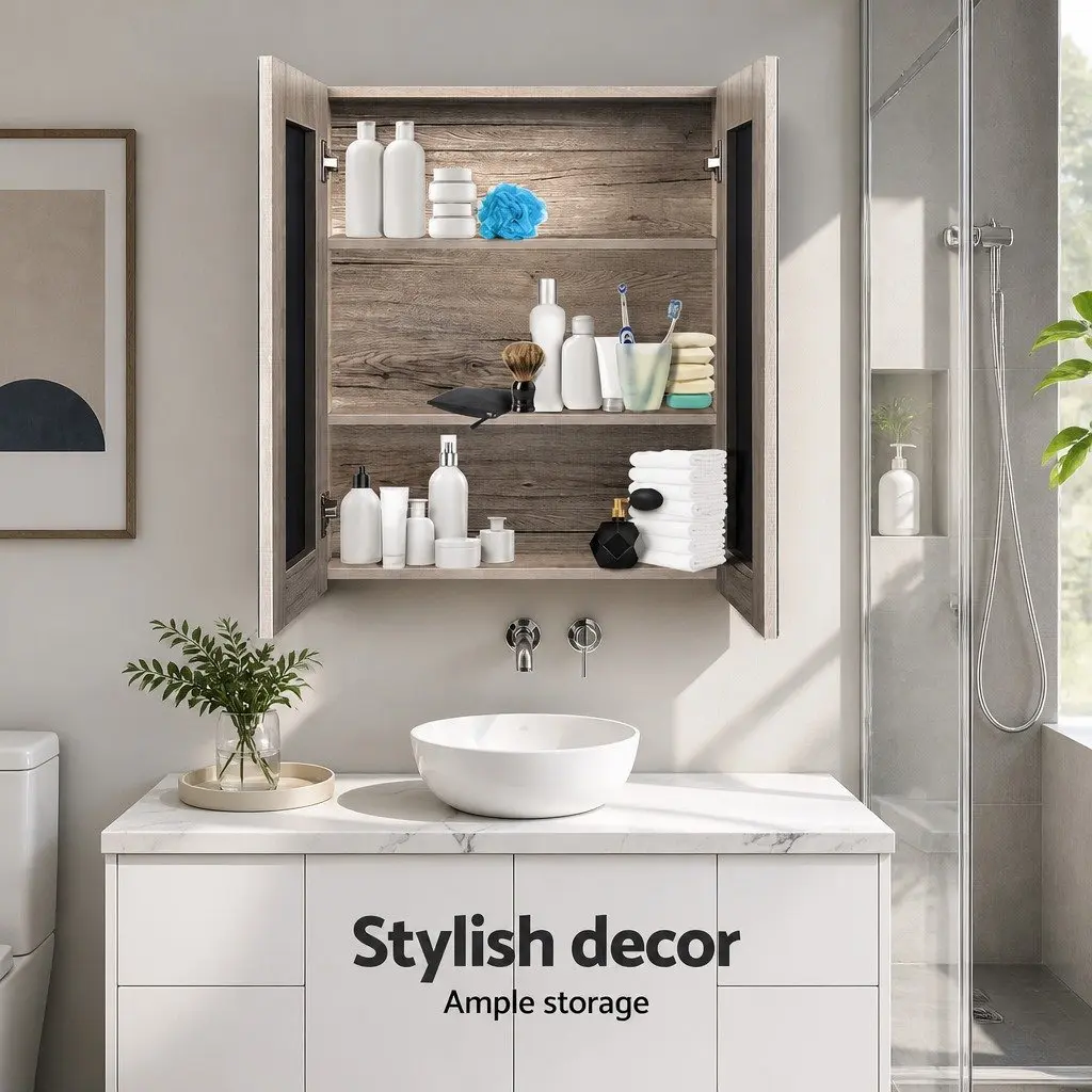 Bathroom Mirror Cabinet 600x720mm Storage Cupboard with Shelves Natural