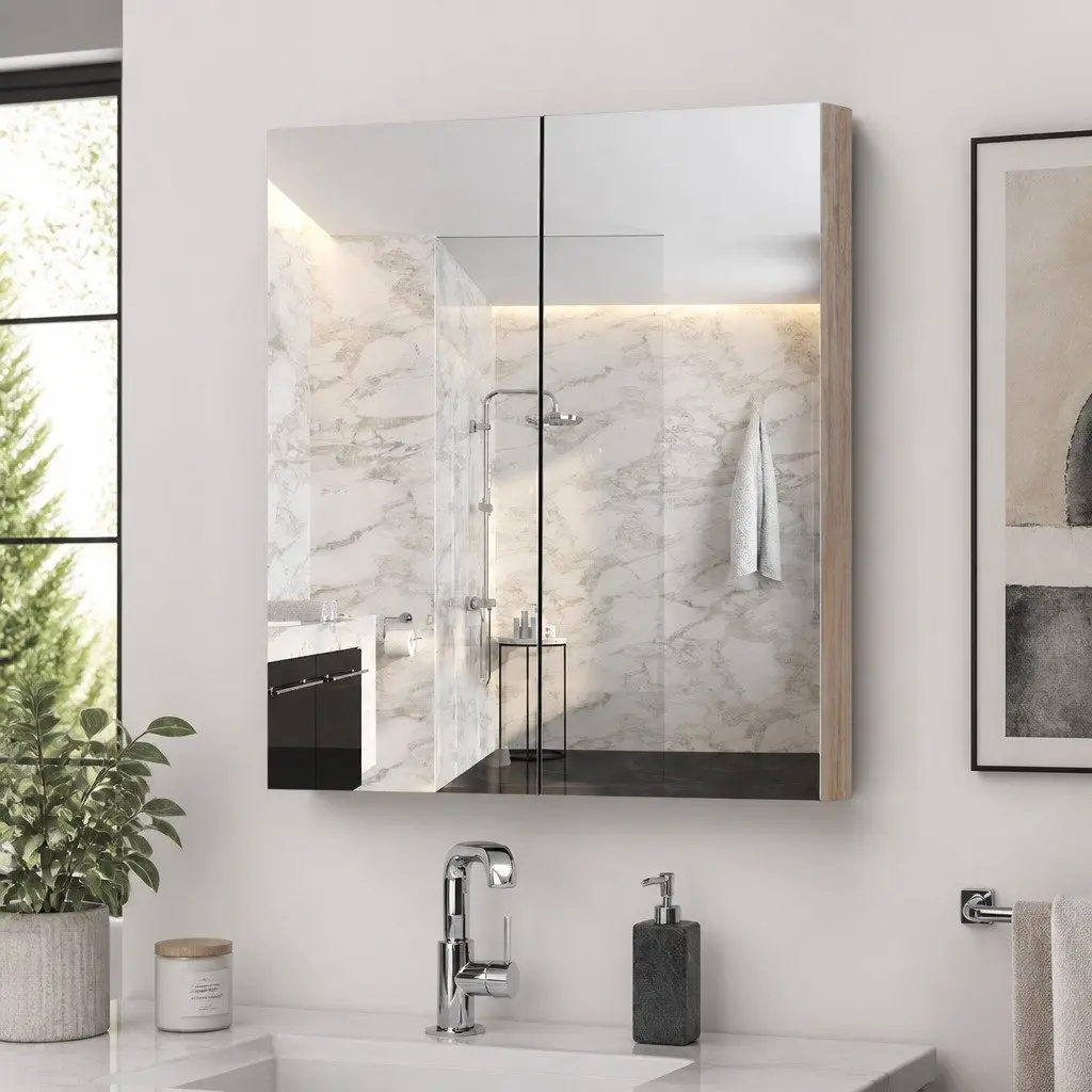 Bathroom Mirror Cabinet 600x720mm Storage Cupboard with Shelves Natural