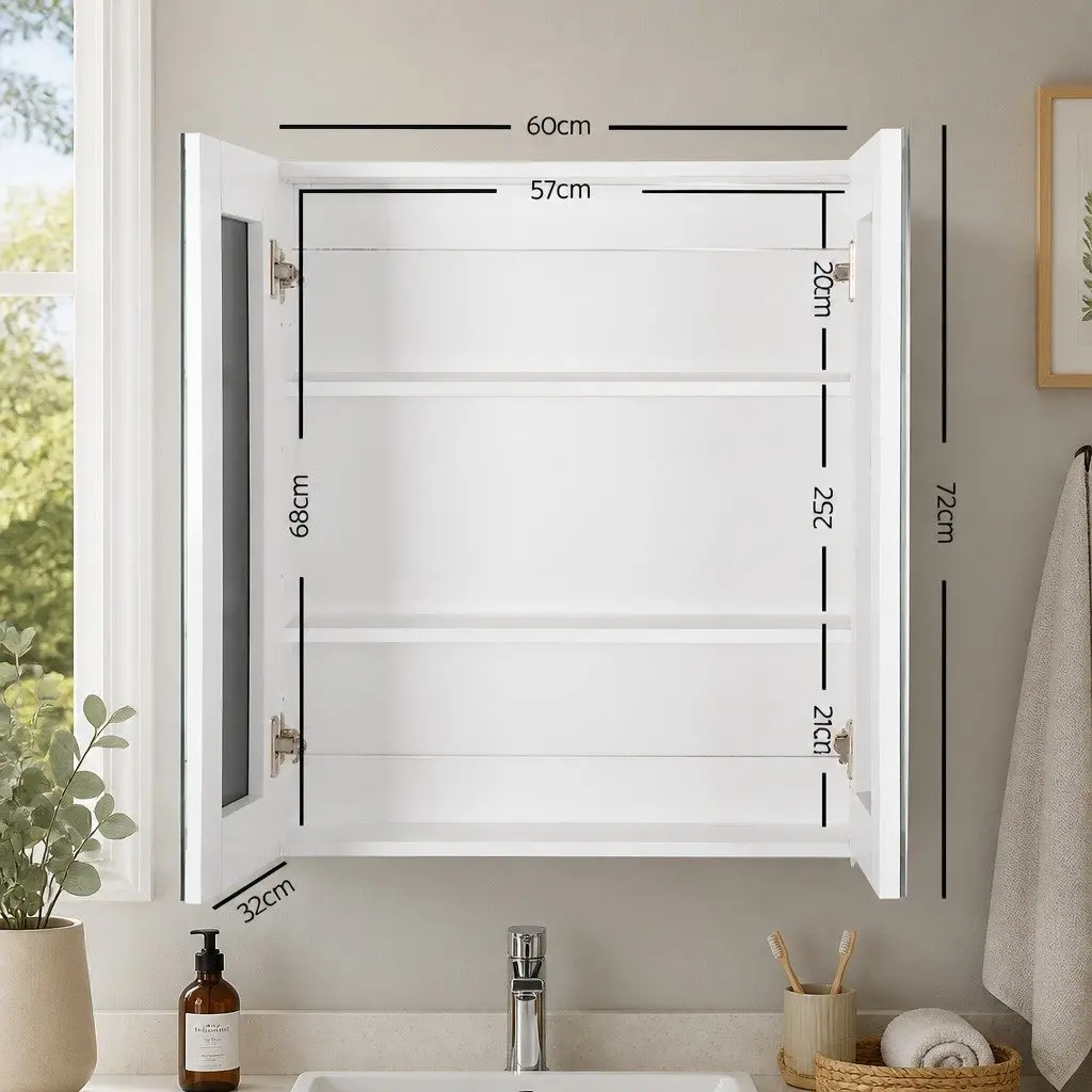 Bathroom Mirror Cabinet White 600x720mm Twin Doors Adjustable Shelves