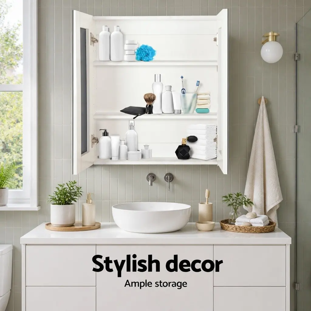 Bathroom Mirror Cabinet White 600x720mm Twin Doors Adjustable Shelves
