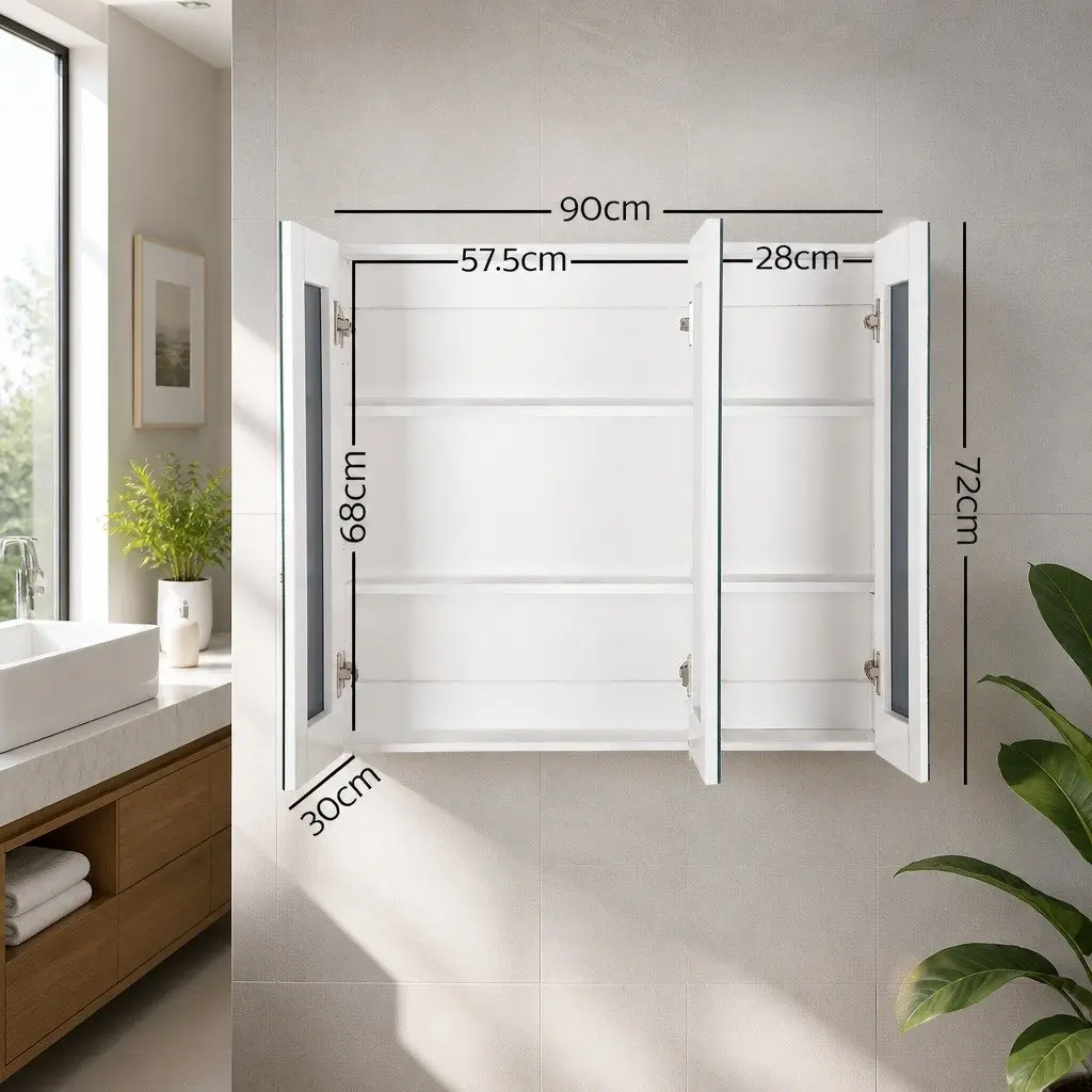 White Bathroom Vanity Mirror Cabinet with Storage, 3 Door Wall Mounted Unit