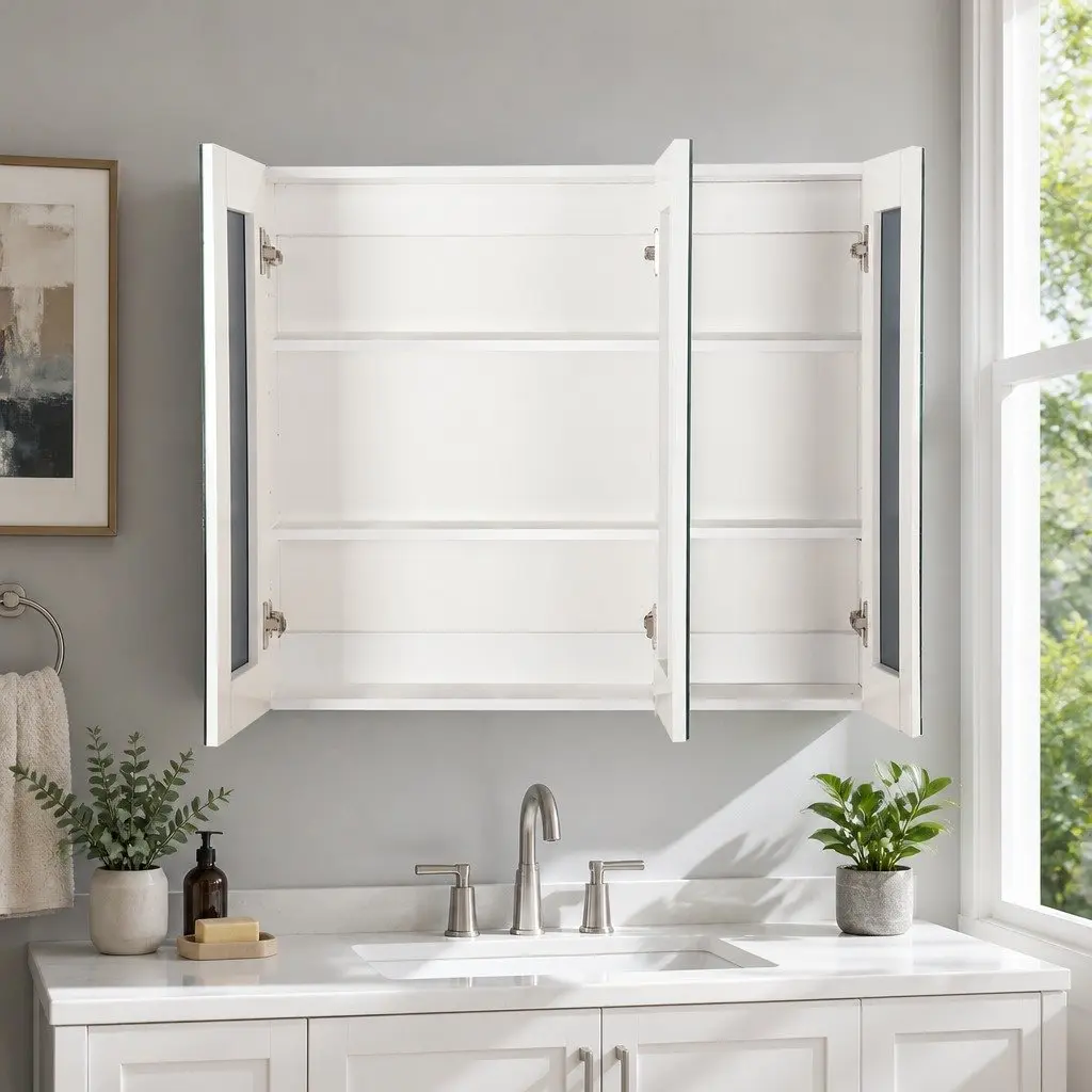 White Bathroom Vanity Mirror Cabinet with Storage, 3 Door Wall Mounted Unit