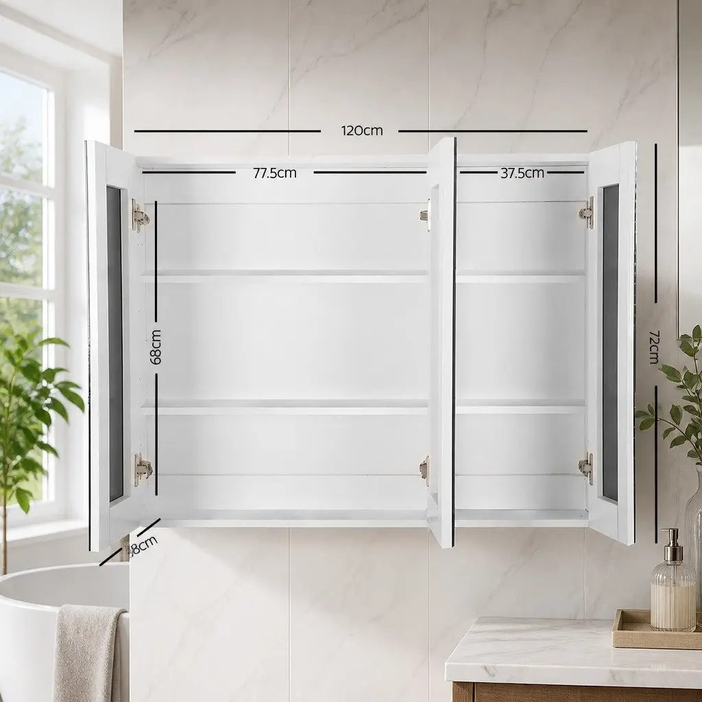 Bathroom Mirror Cabinet 1200x720mm White Wall Storage Cupboard 3 Door Vanity