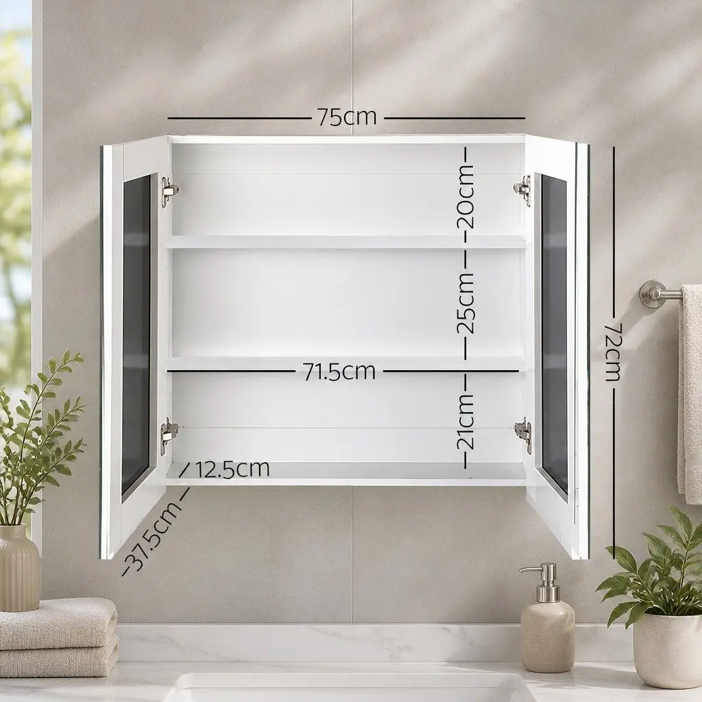 Bathroom Mirror Cabinet Soft-Close Doors 750x720mm White Adjustable Shelves