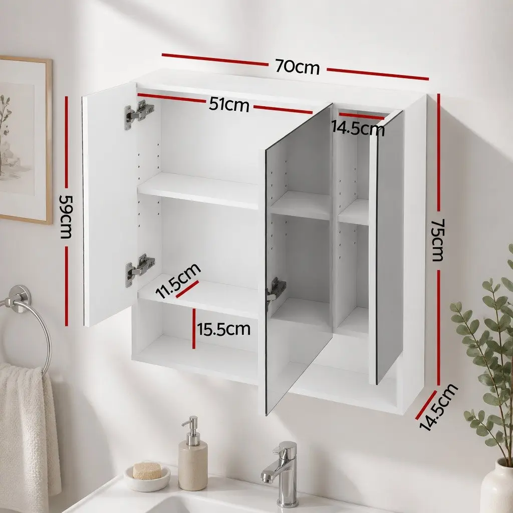 Bathroom Mirror Cabinet Wall Hung White 700x750mm Triple Mirrored Doors Adjustable Shelves