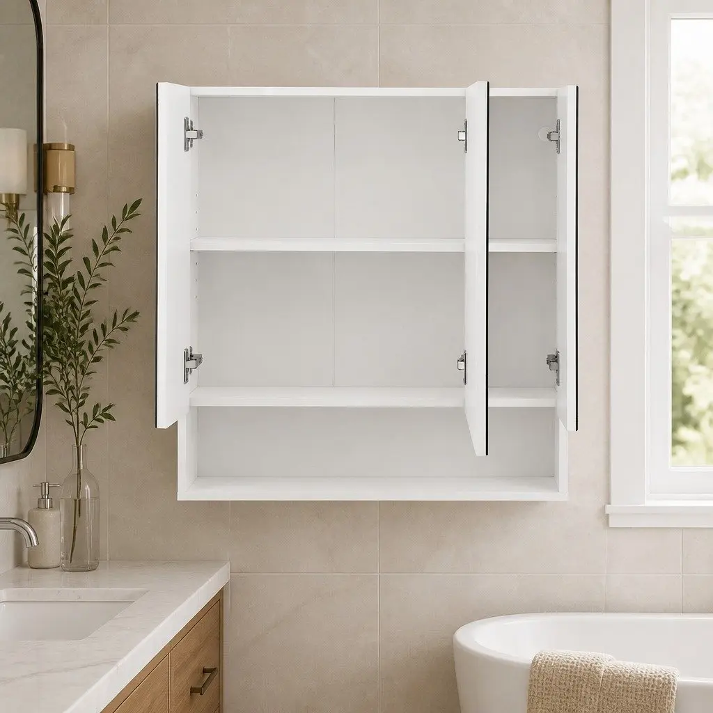 Bathroom Mirror Cabinet Wall Hung White 700x750mm Triple Mirrored Doors Adjustable Shelves