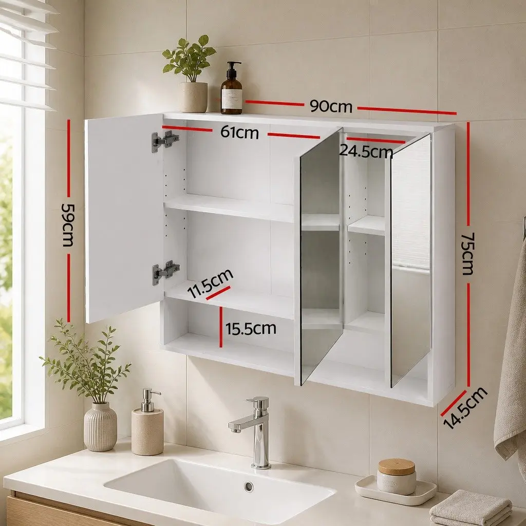 Bathroom Mirror Cabinet Wall Hung White 900x750mm Adjustable Shelves