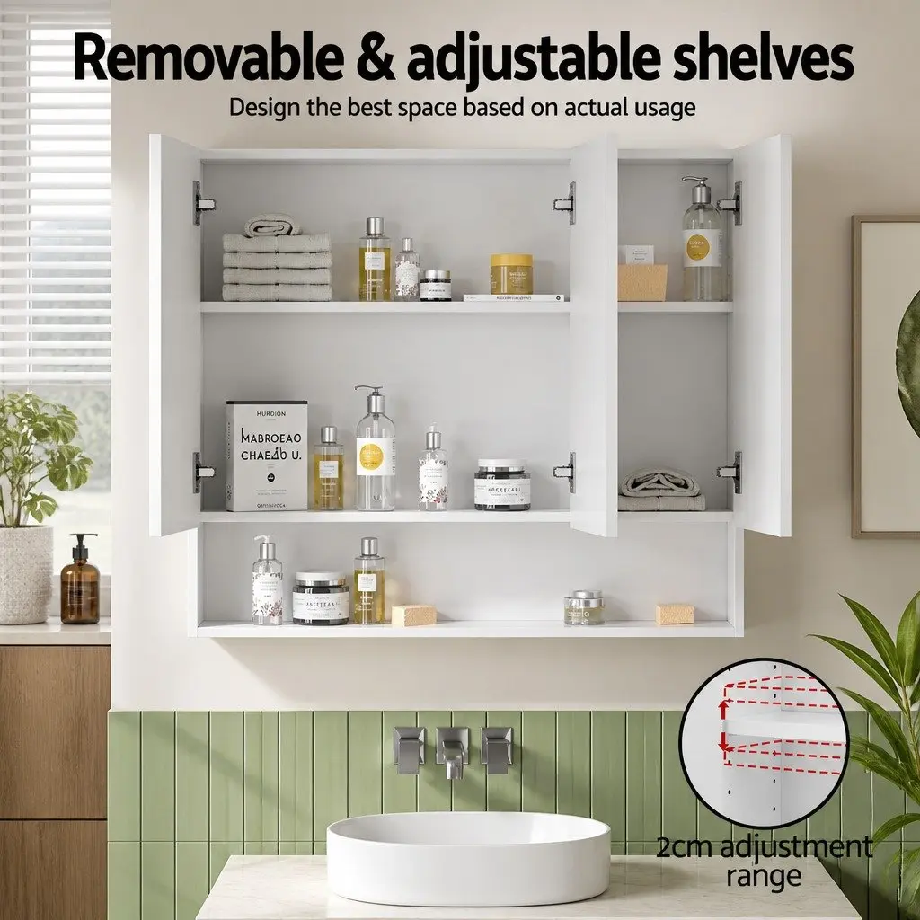 Bathroom Mirror Cabinet Wall Hung White 900x750mm Adjustable Shelves