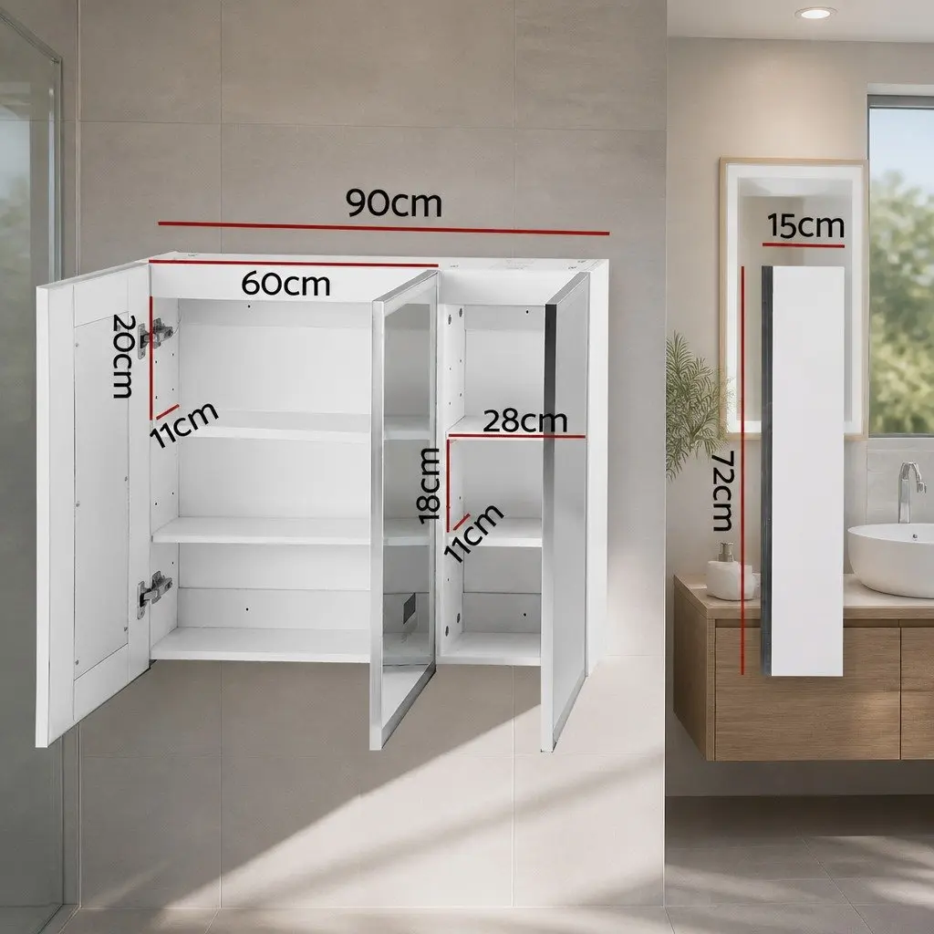 Bathroom Mirror Cabinet White LED Light 900x720mm Wall-Mounted Medicine Storage