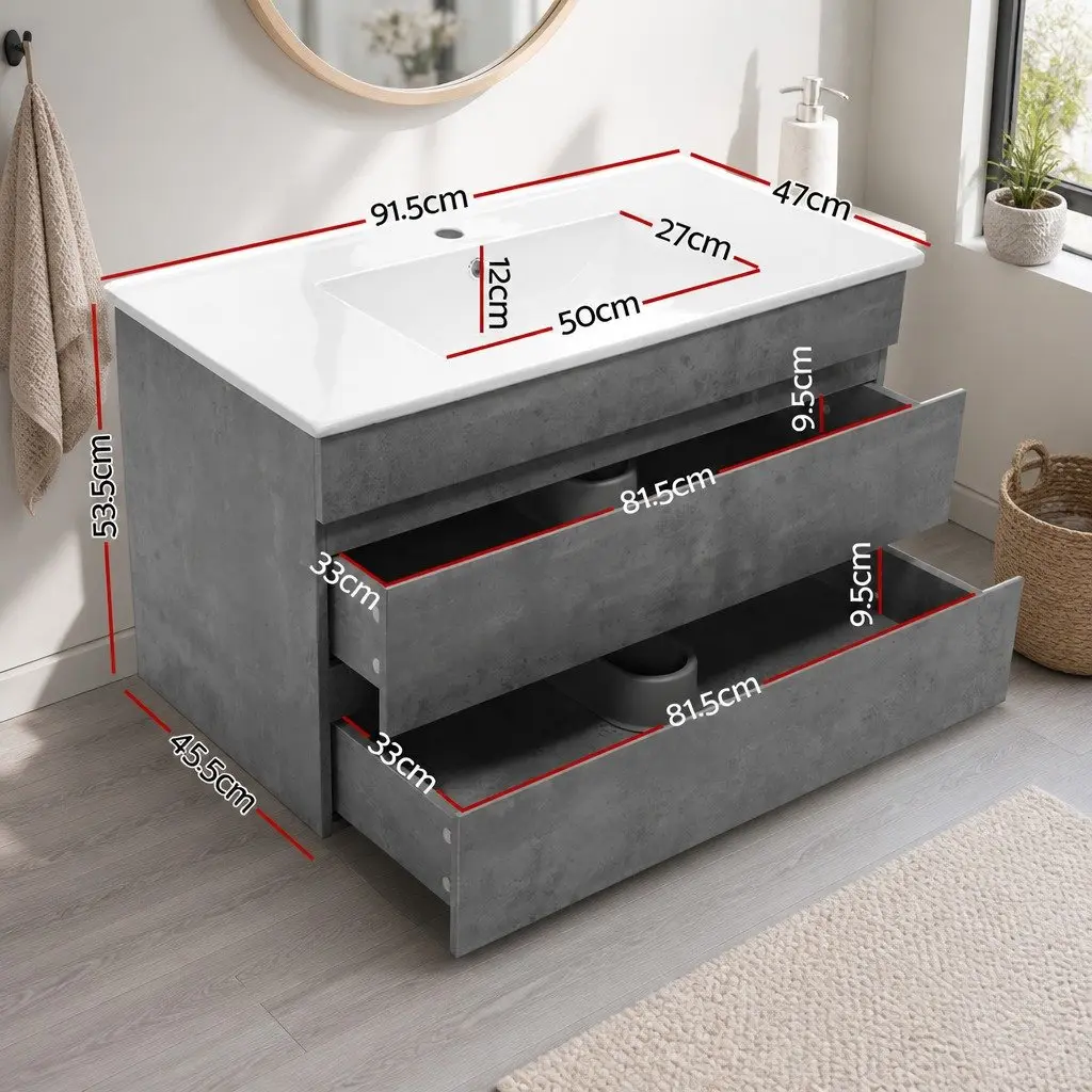Bathroom Vanity Unit Wall-Mounted 915mm Grey Cement with Integrated Ceramic Basin