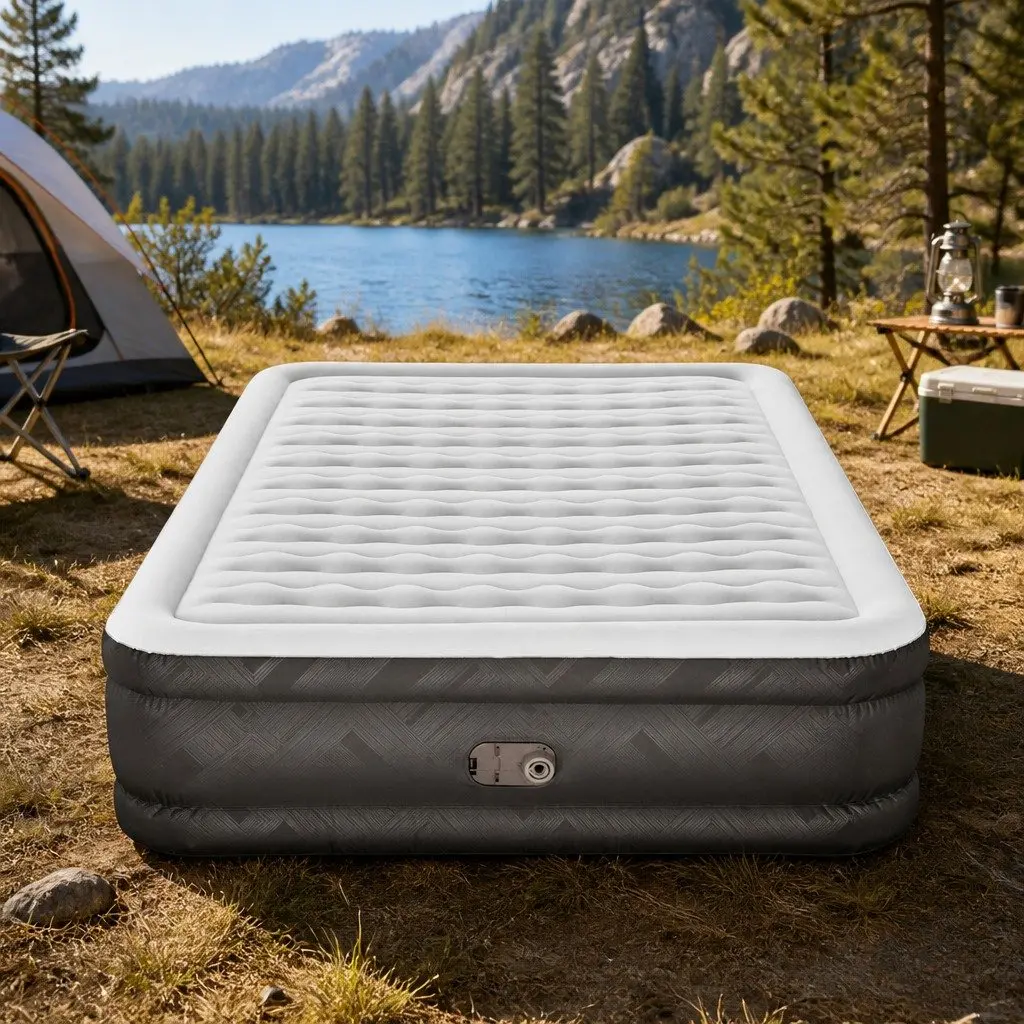 Queen Inflatable Air Mattress Portable Camping Indoor Outdoor Flocked Surface 203cm x 152cm x 46cm