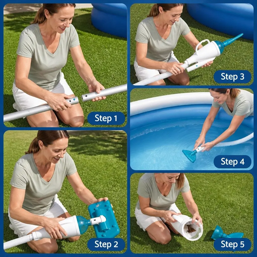 Pool Vacuum Cleaner 6m Hose 2 Interchangeable Heads Aluminium Pole Above Ground