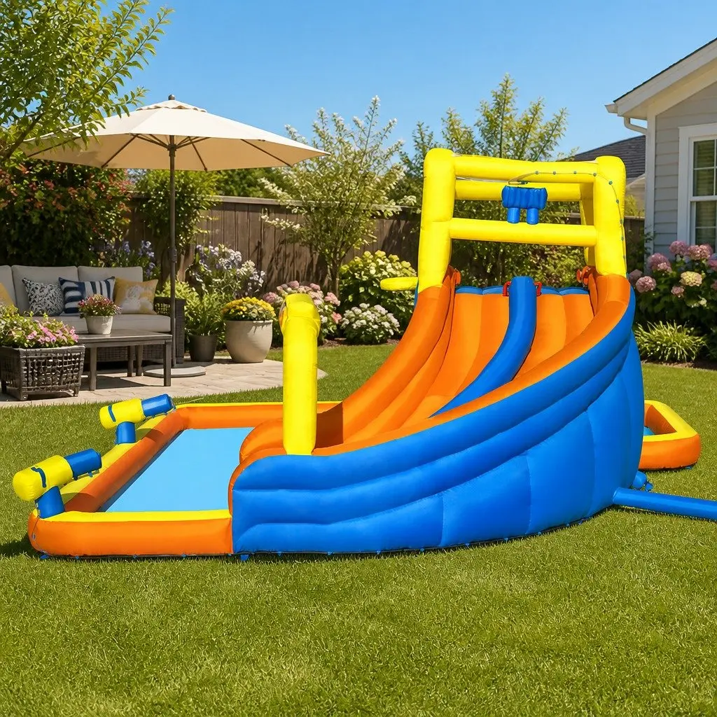 Inflatable Water Slide Park with Climbing Walls and Splash Pool 551x502x265cm