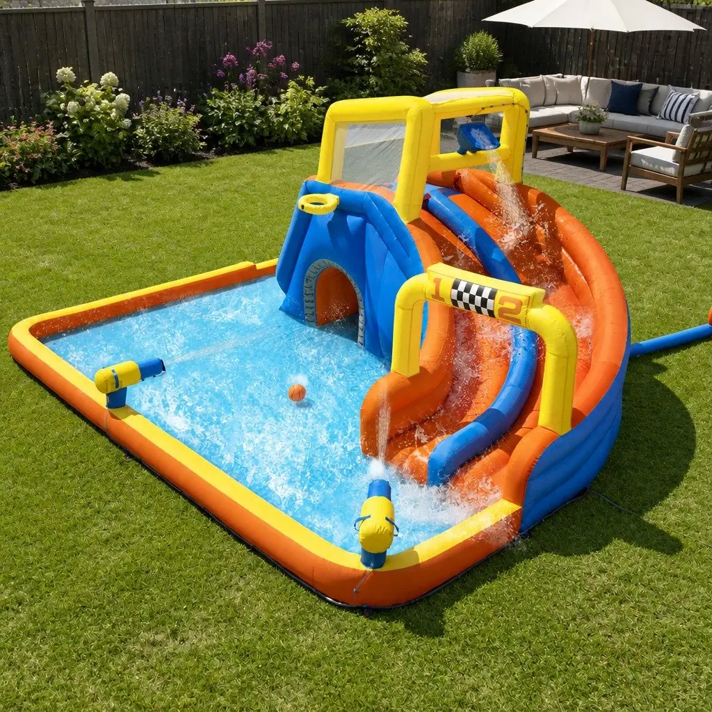 Inflatable Water Slide Park with Climbing Walls and Splash Pool 551x502x265cm