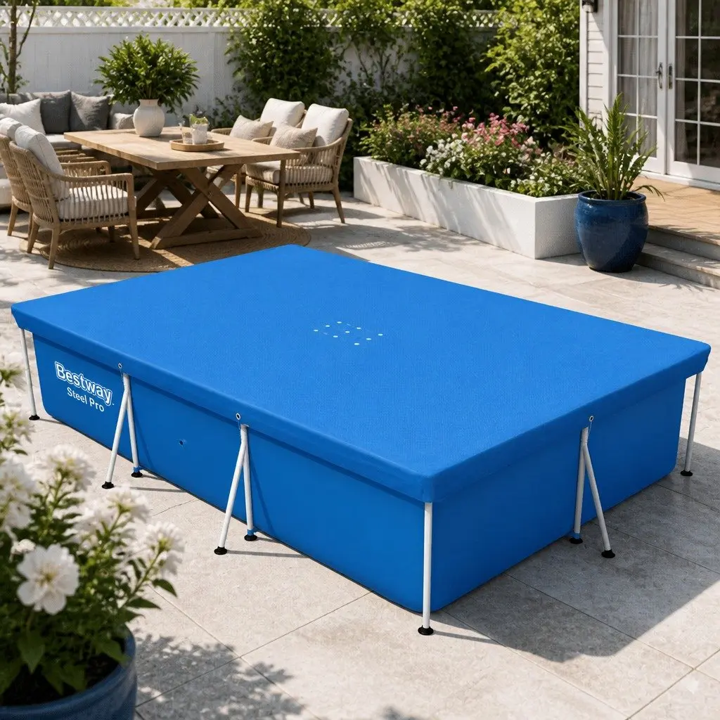 Pool Cover Protective PE for 3x2.01m Above Ground Swimming Pools with Drainage Holes and Rope Ties