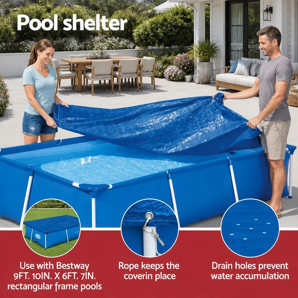 Pool Cover Protective PE for 3x2.01m Above Ground Swimming Pools with Drainage Holes and Rope Ties
