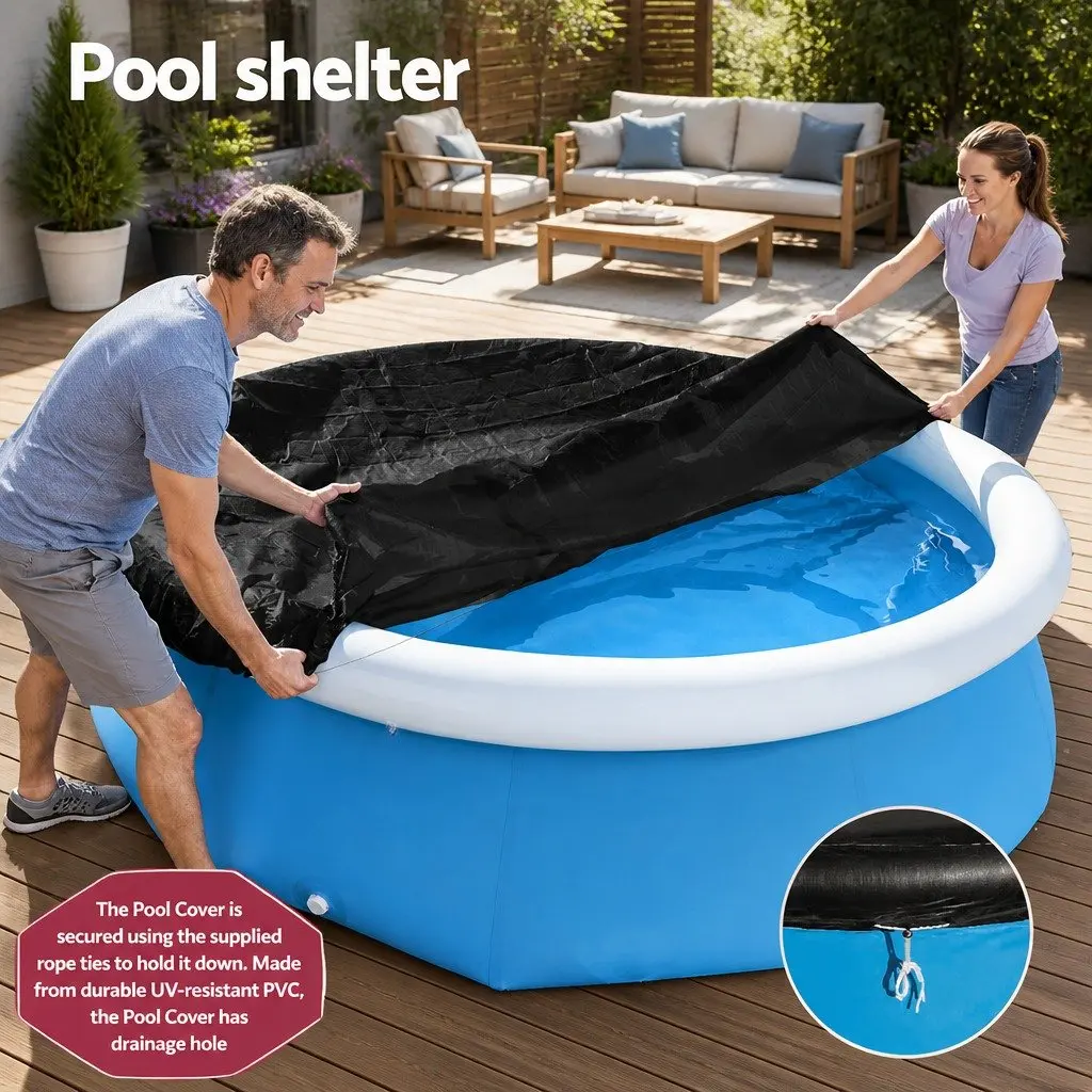 Pool Cover Round PVC Blanket for 2.44m Above Ground Swimming Pools with Drainage Holes and Rope Ties
