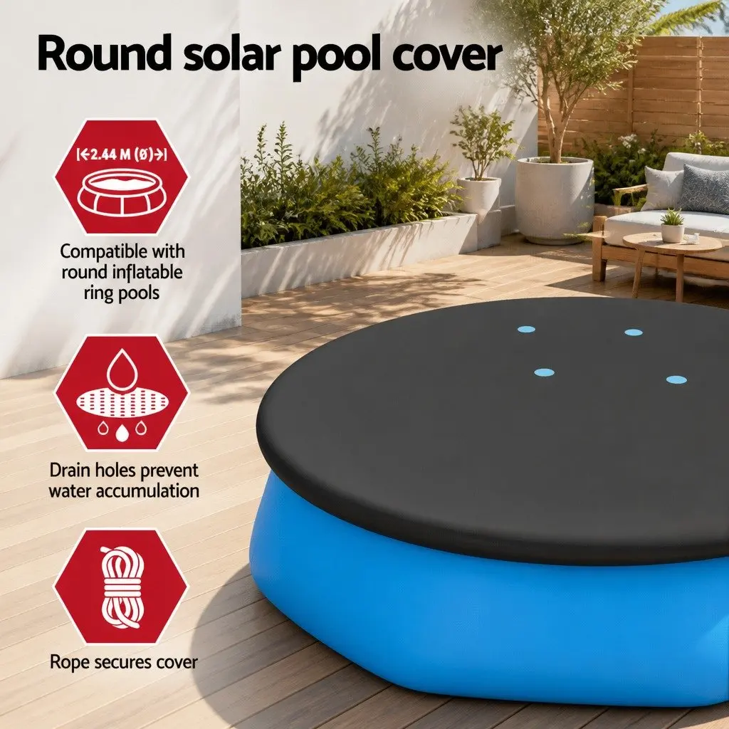 Pool Cover Round PVC Blanket for 2.44m Above Ground Swimming Pools with Drainage Holes and Rope Ties