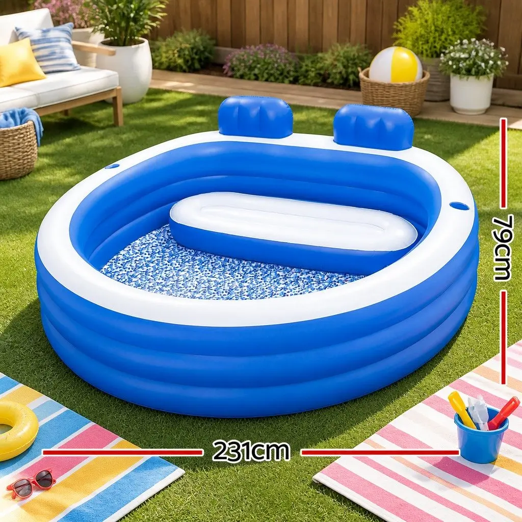 Kids Inflatable Above Ground Pool Mosaic Floor Print Bench Seat with Cup Holders 2.31m x 2.19m x 79cm