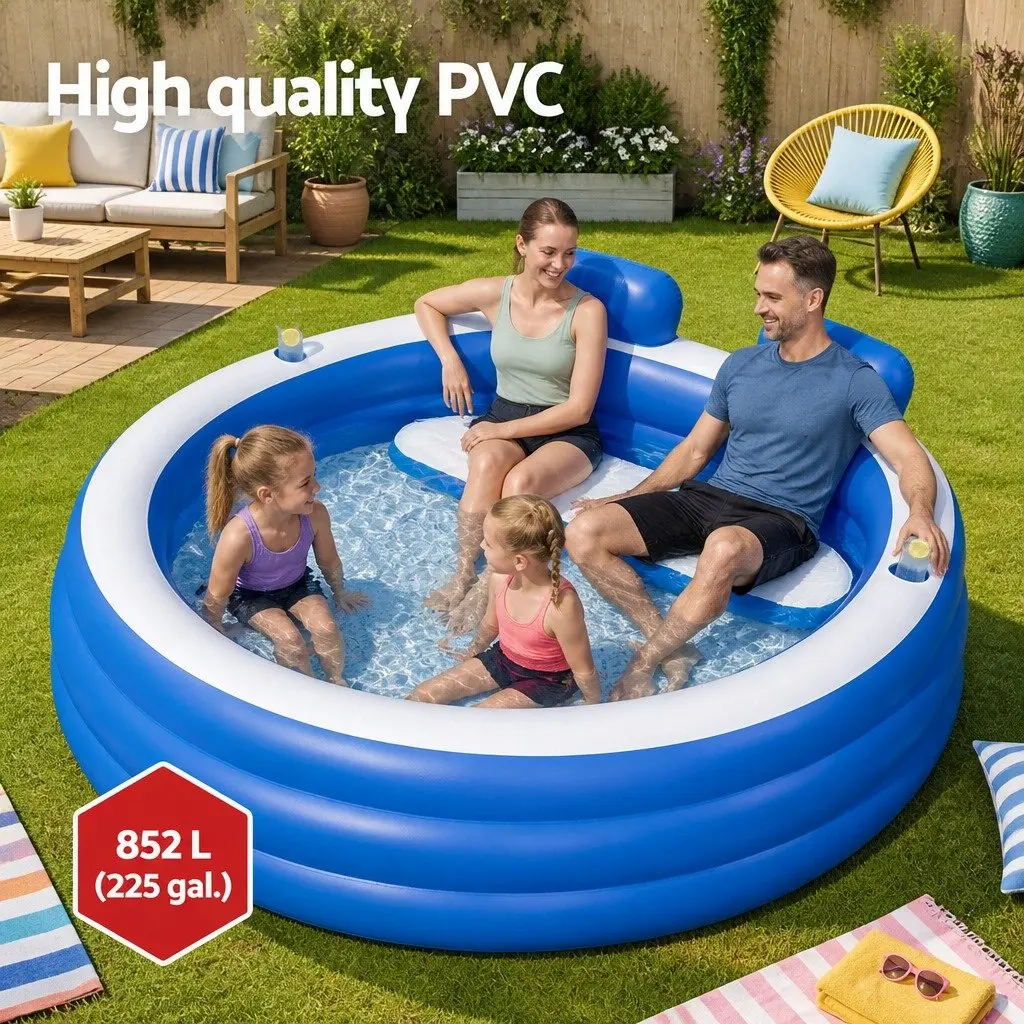 Kids Inflatable Above Ground Pool Mosaic Floor Print Bench Seat with Cup Holders 2.31m x 2.19m x 79cm
