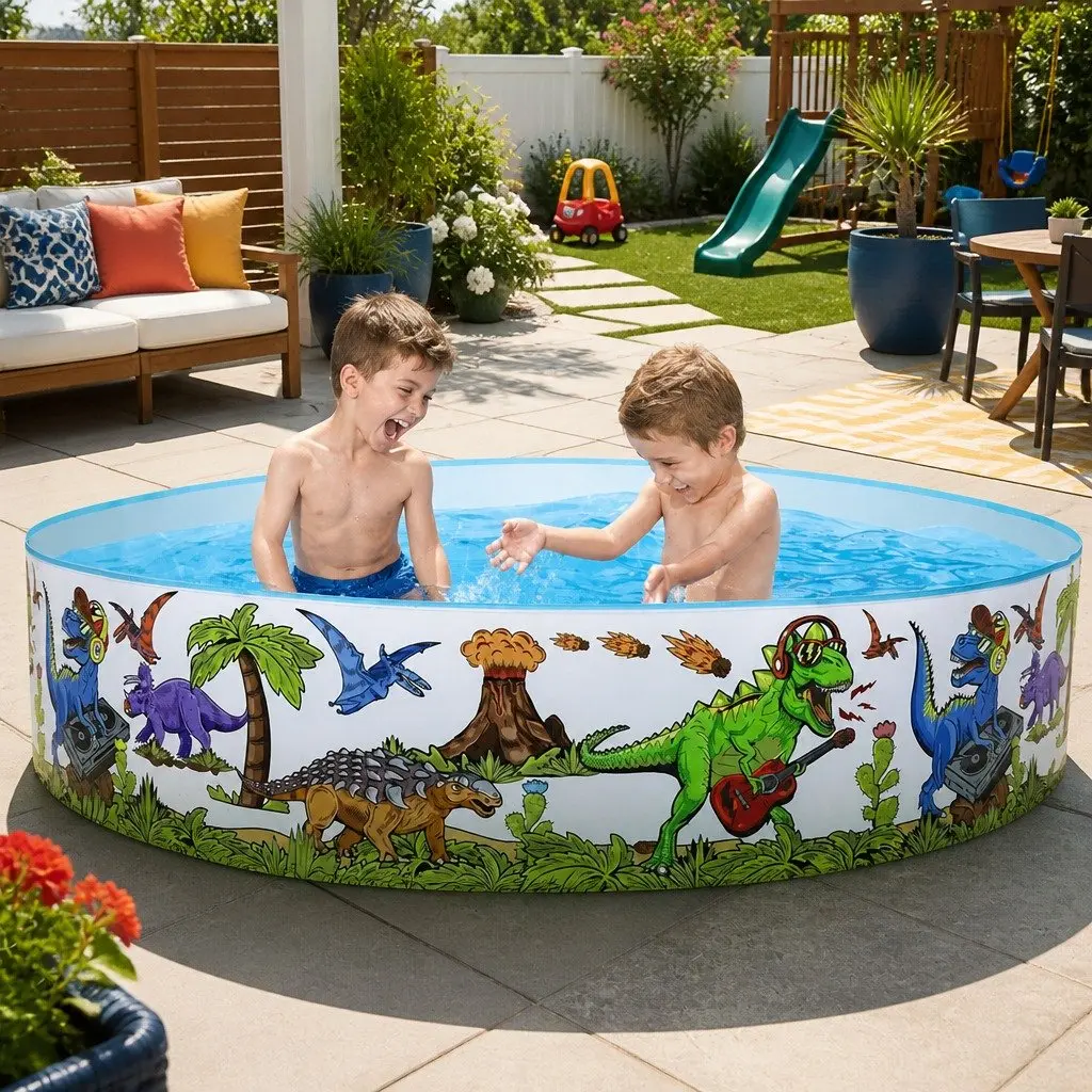 Kids Round Above Ground Swimming Pool 183cm Rigid PVC Dinosaur Design Backyard