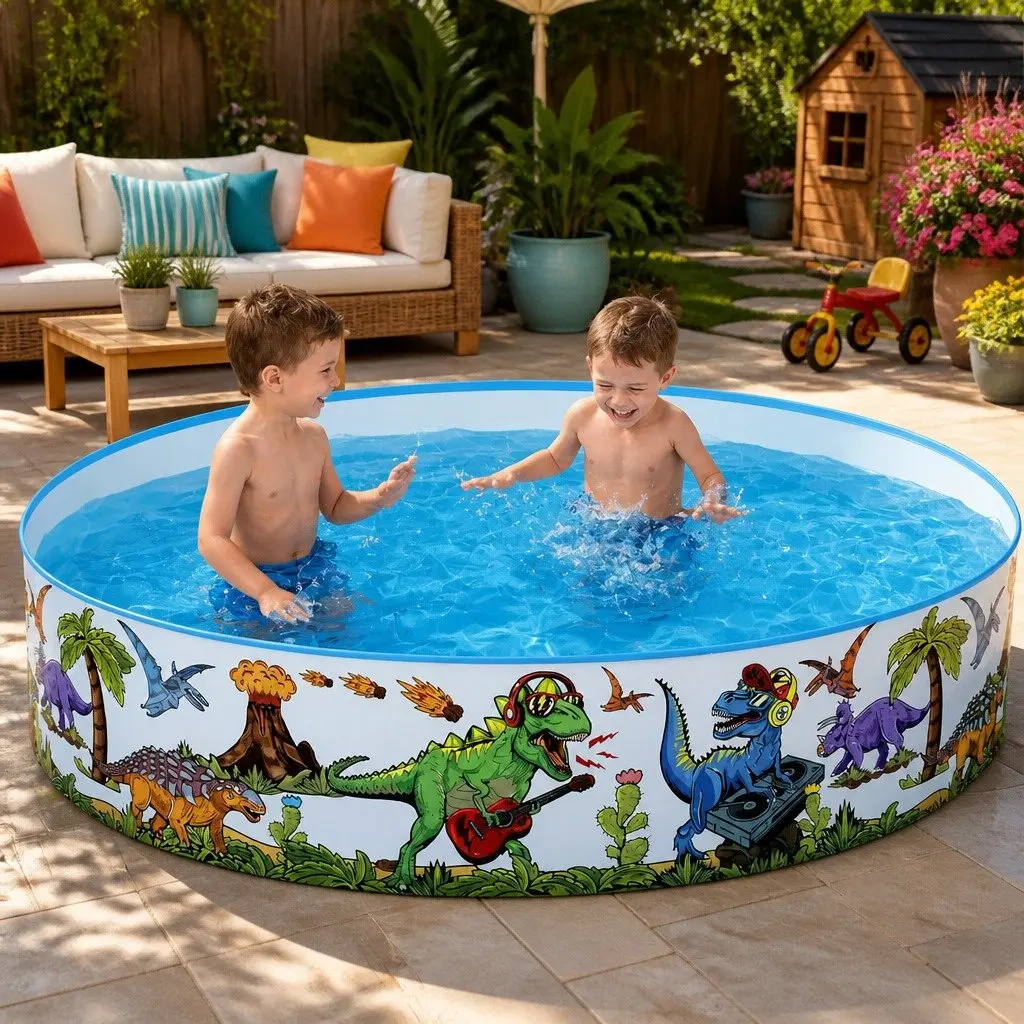 Kids Round Above Ground Swimming Pool 183cm Rigid PVC Dinosaur Design Backyard