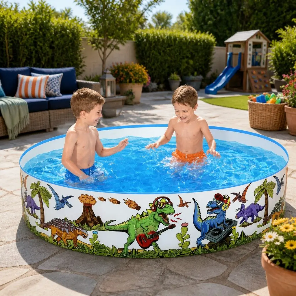Kids Round Above Ground Swimming Pool 183cm Rigid PVC Dinosaur Design Backyard
