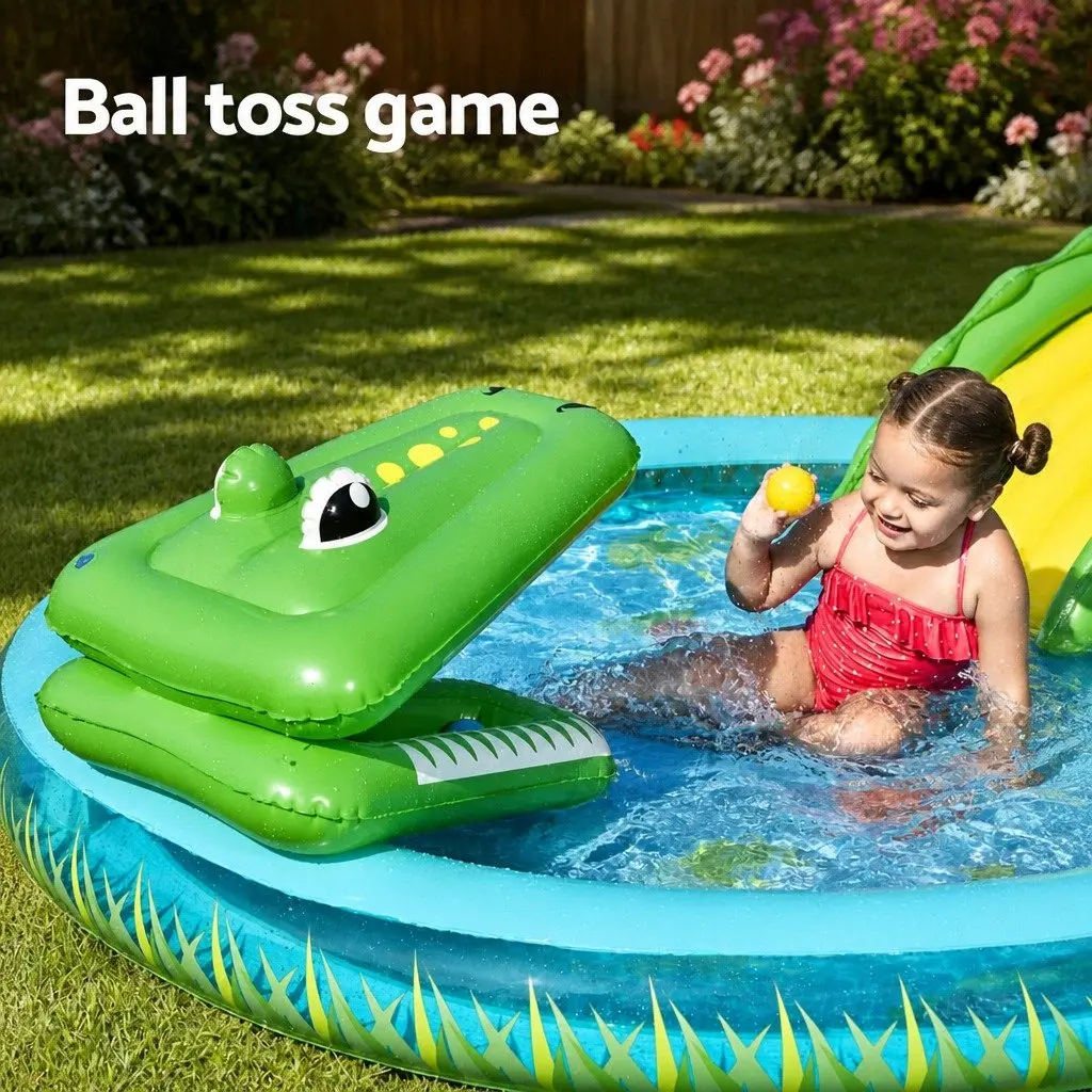 Kids Inflatable Splash Play Pool with Slide Crocodile Fishing Net Ball Toss Game