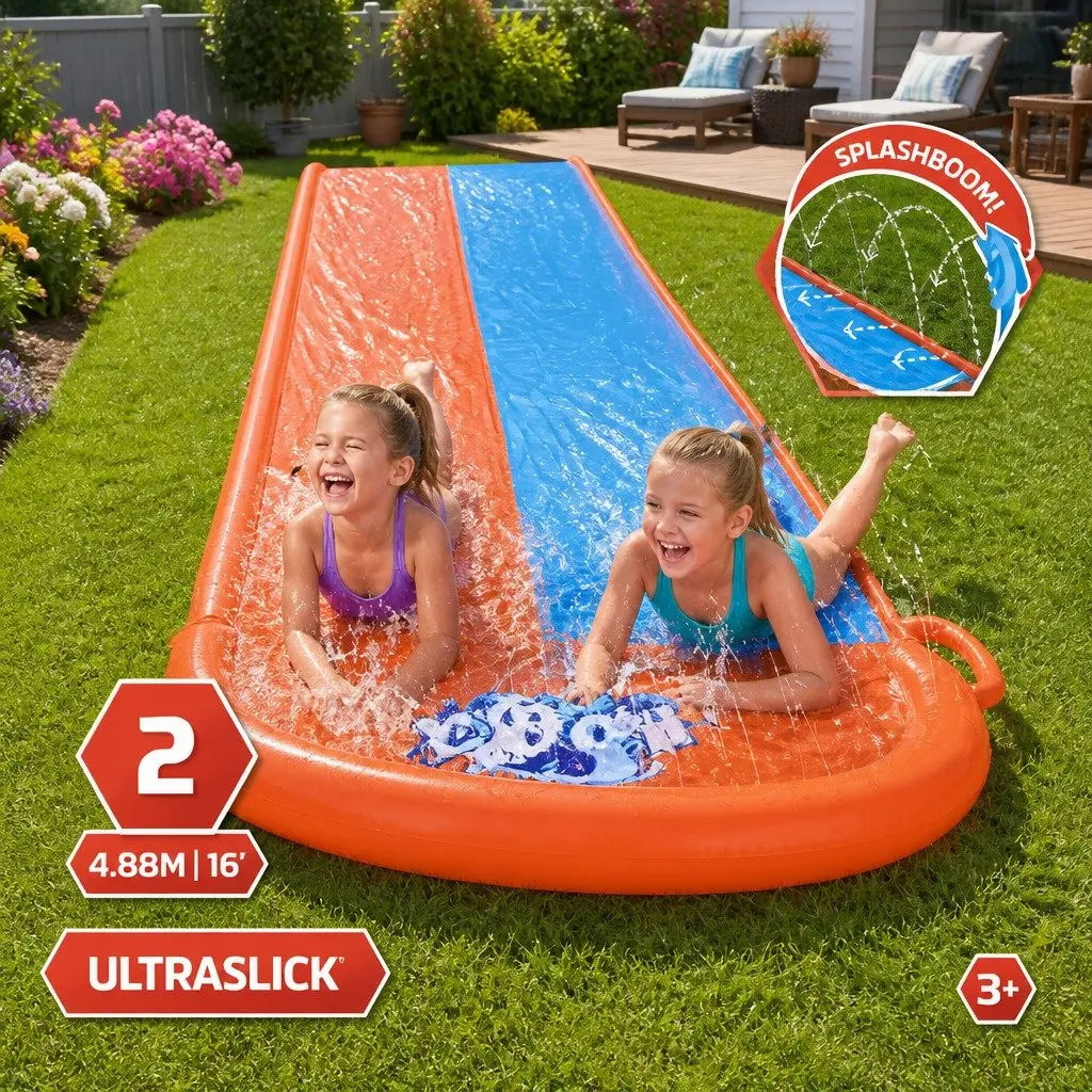 Inflatable Water Slide Dual Lanes 4.88m Kids Splash Pad Backyard Pool Toy