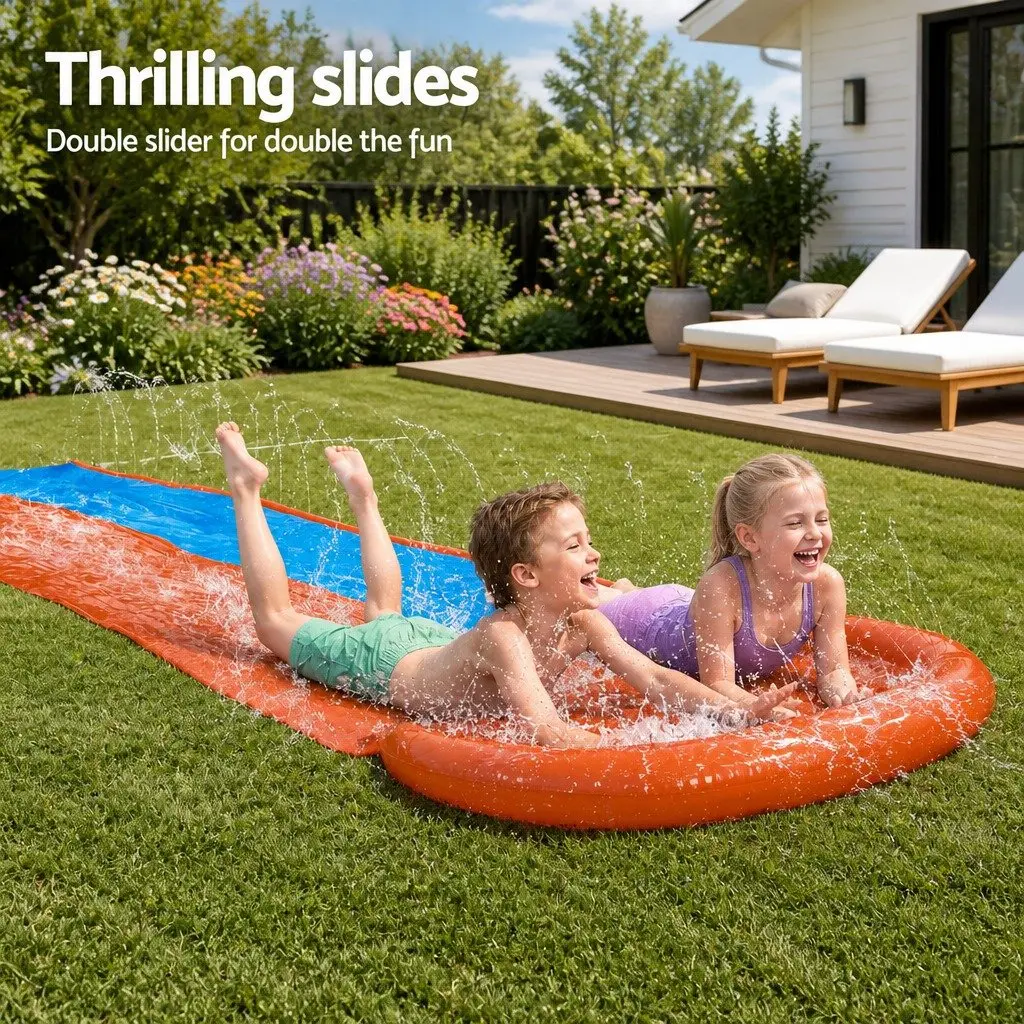 Inflatable Water Slide Dual Lanes 4.88m Kids Splash Pad Backyard Pool Toy
